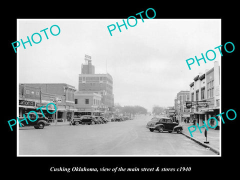 OLD LARGE HISTORIC PHOTO OF CUSHING OKLAHOMA, THE MAIN STREET & STORES c1940