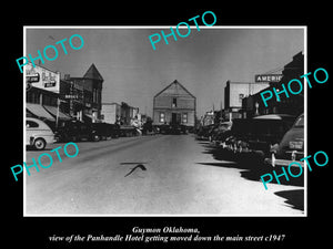 OLD LARGE HISTORIC PHOTO OF GUYMON OKLAHOMA, MOVING THE HOTEL ON MAIN St c1947