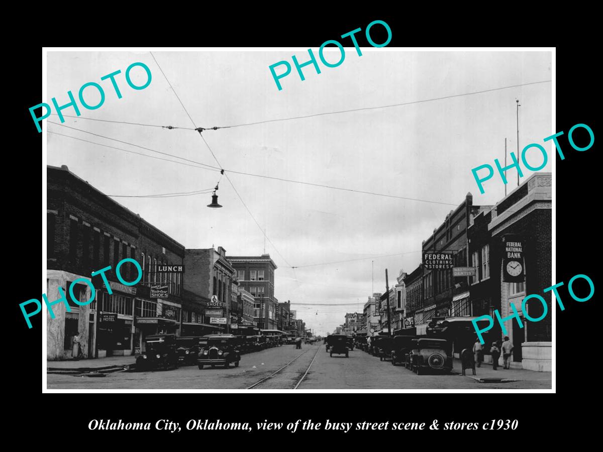 OLD LARGE HISTORIC PHOTO OF OKLAHOMA CITY, VIEW OF BUSY STREET & STORES c1930