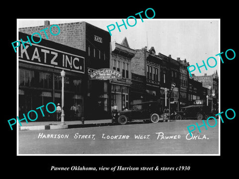 OLD LARGE HISTORIC PHOTO OF PAWNEE OKLAHOMA, VIEW OF HARRISON St & STORES c1930