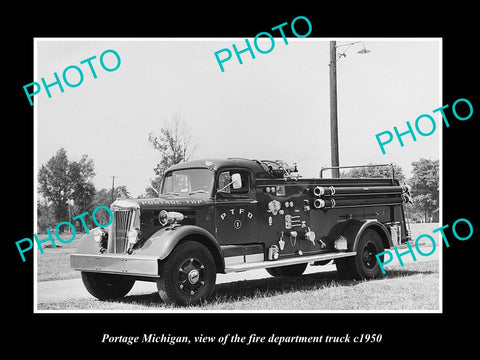 OLD LARGE HISTORIC PHOTO OF PORTAGE MICHIGAN, THE FIRE DEPARTMENT ENGINE c1950