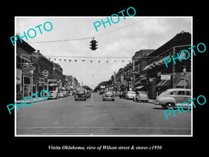 OLD LARGE HISTORIC PHOTO OF VINITA OKLAHOMA, VIEW OF WILSON ST & STORES c1950