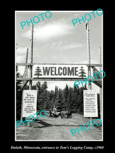 OLD LARGE HISTORIC PHOTO OF DULUTH MINNESOTA, THE TOM LOGGING CAMP ENTRANCE 1960