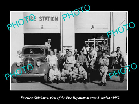 OLD LARGE HISTORIC PHOTO OF FAIRVIEW OKLAHOMA, THE FIRE DEPARTMENT TRUCKS c1950