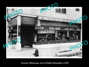 OLD LARGE HISTORIC PHOTO OF FOSSTON MINNESOTA, VIEW OF MARKS DRUIG STORE c1920