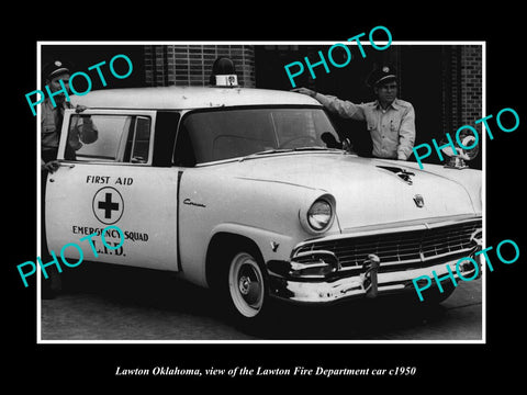 OLD LARGE HISTORIC PHOTO OF LAWTON OKLAHOMA, THE FIRE DEPARTMENT CAR c1950