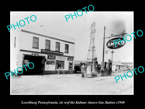 OLD LARGE HISTORIC PHOTO OF LEECHBURG PENNSYLVANIA, THE AMOCO GAS STATION c1940