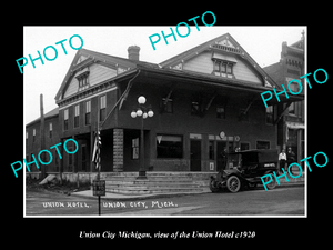 OLD LARGE HISTORIC PHOTO OF UNION CITY MICHIGAN, VIEW OF THE UNION HOTEL c1920