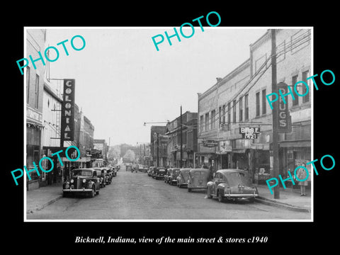 OLD HISTORIC PHOTO OF BICKNELL INDIANA, VIEW OF THE MAIN STREET & STORES c1940