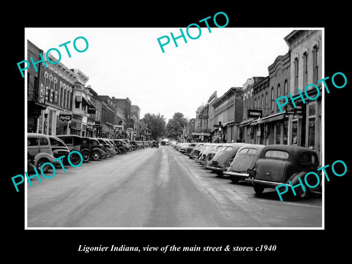 OLD HISTORIC PHOTO OF LIGONIER INDIANA, VIEW OF THE MAIN STREET & STORES c1940