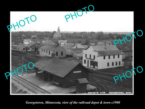 OLD LARGE HISTORIC PHOTO OF GREORGETOWN MINNESOTA,  RAILROAD DEPOT & TOWN c1900