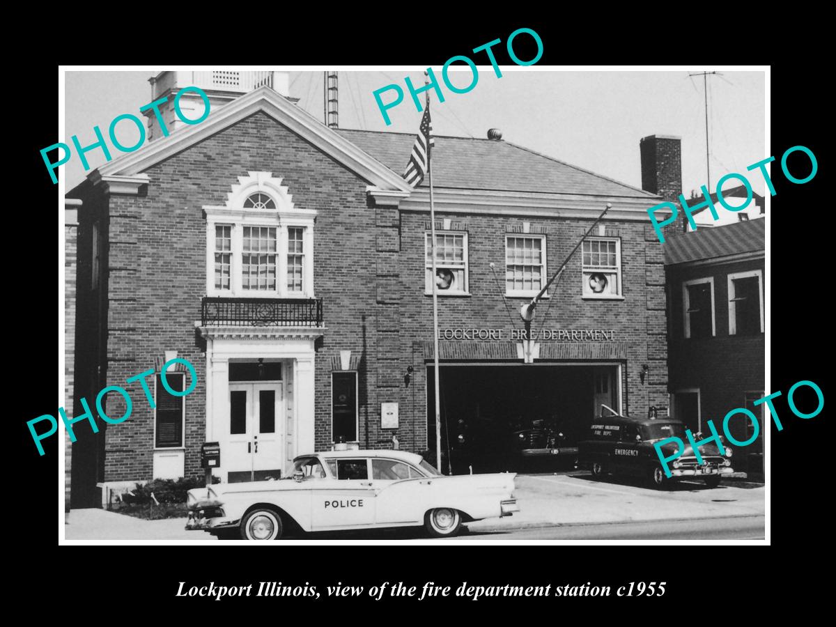 OLD LARGE HISTORIC PHOTO OF LOCKPORT ILLINOIS, THE FIRE DEPARTMENT STATION c1955