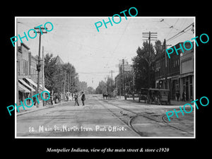 OLD LARGE HISTORIC PHOTO OF MONTPELIER INDIANA, THE MAIN STREET & STORES c1920