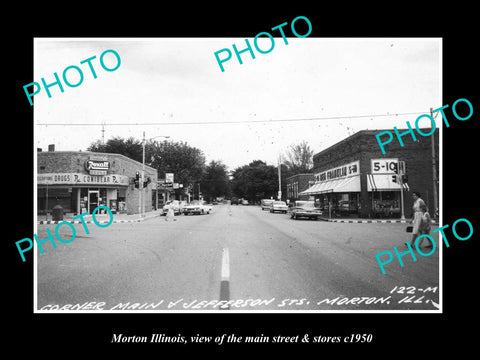 OLD LARGE HISTORIC PHOTO OF MORTON ILLINOIS, THE MAIN STREET & STORES c1950