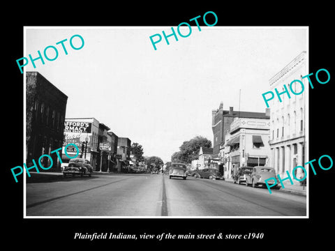 OLD LARGE HISTORIC PHOTO OF PLAINFIELD INDIANA, THE MAIN STREET & STORES c1940