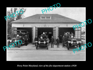 OLD LARGE HISTORIC PHOTO OF PERRY POINT MARYLAND, THE FIRE STATION & TRUCKS 1920