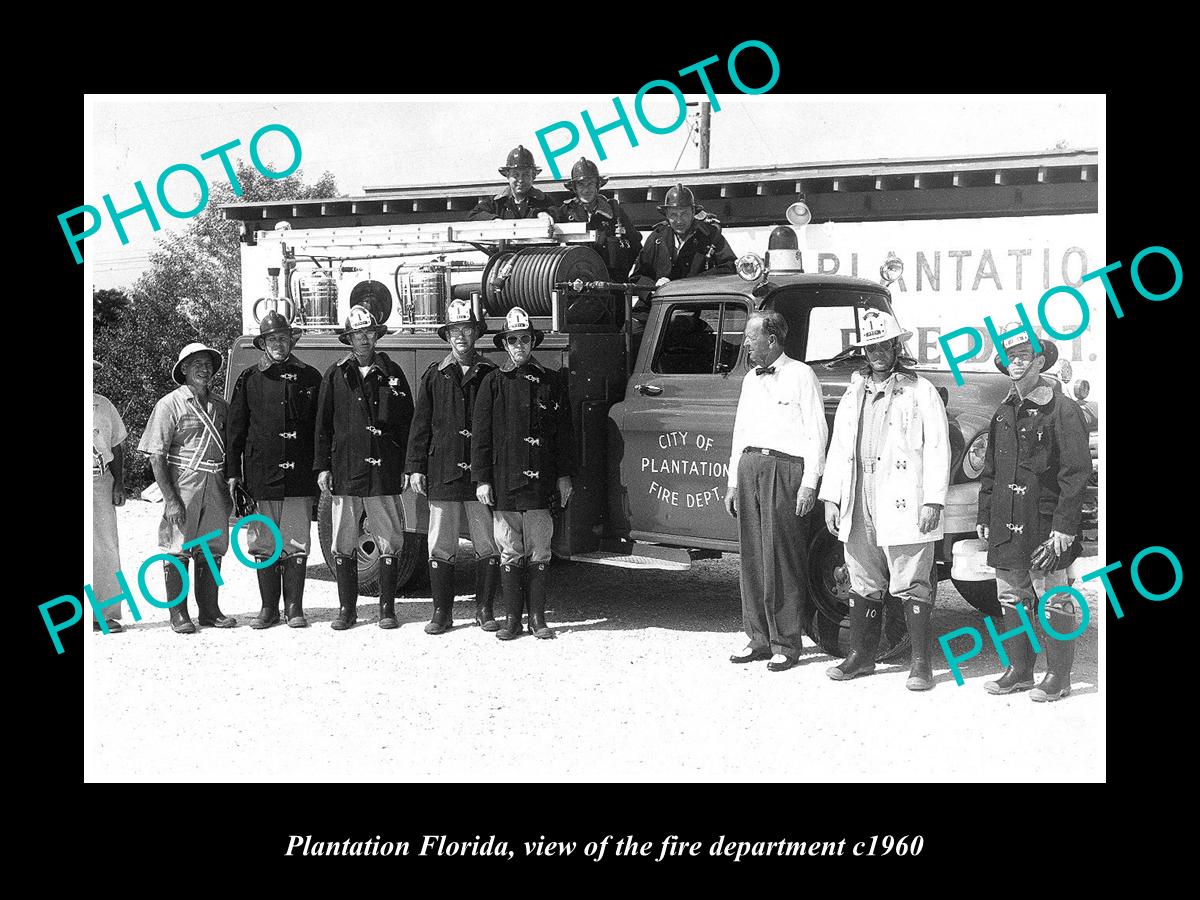 OLD LARGE HISTORIC PHOTO OF PLANTATION FLORIDA, THE FIRE STATION & TRUCK c1960