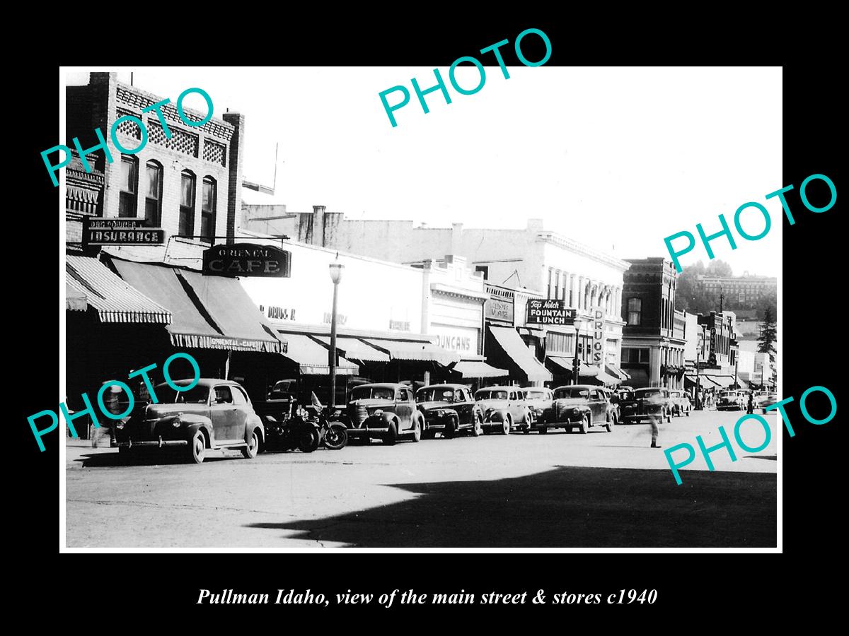 OLD LARGE HISTORIC PHOTO OF PULLMAN IDAHO, VIEW OF THE MAIN St & STORES c1940