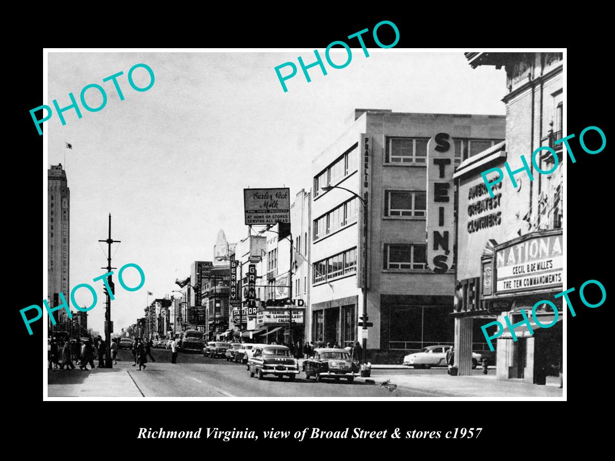 OLD LARGE HISTORIC PHOTO OF RICHMOND VIRGINIA, VIEW OF BROAD ST & STORES c1957