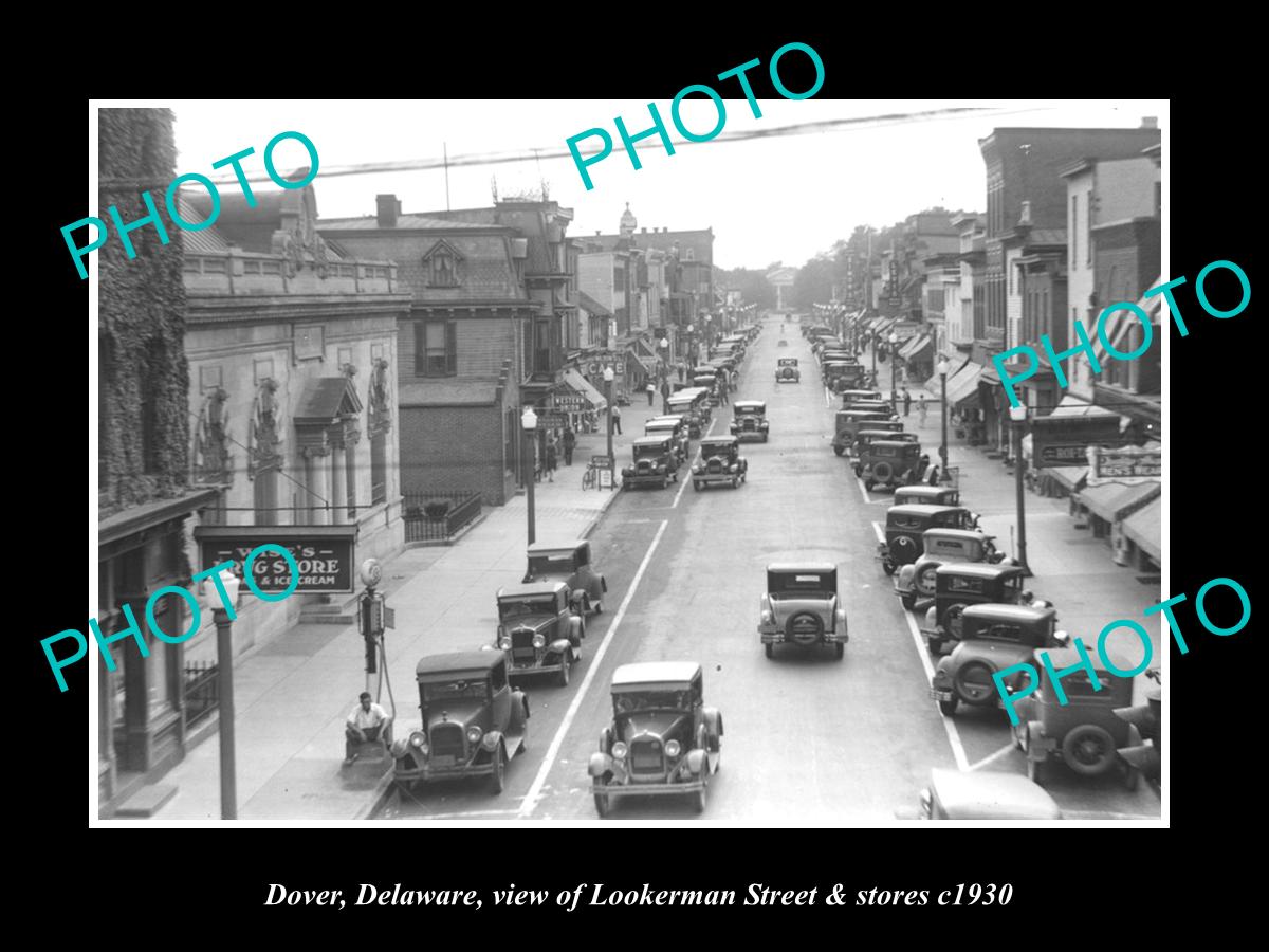 OLD LARGE HISTORIC PHOTO OF DOVER DELAWARE, VIEW OF LOOKERMAN St & STORES c1930