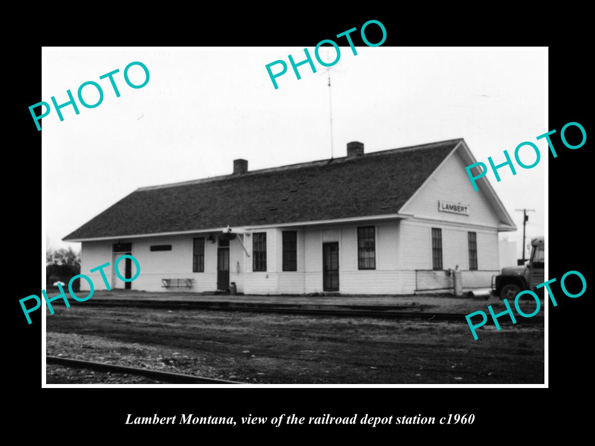 OLD LARGE HISTORIC PHOTO OF LAMBERT MONTANA, THE RAILROAD DEPOT STATION c1960