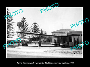 OLD LARGE HISTORIC PHOTO OF KIRRA QLD, THE PHILLIPS 66 OIL SERVICE STATION c1955