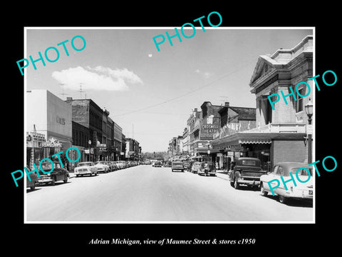 OLD LARGE HISTORIC PHOTO OF ADRIAN MICHIGAN, VIEW OF MAUNEE STREET & STORES 1950