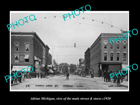 OLD LARGE HISTORIC PHOTO OF ADRIAN MICHIGAN, VIEW OF THE MAIN St & STORES c1920