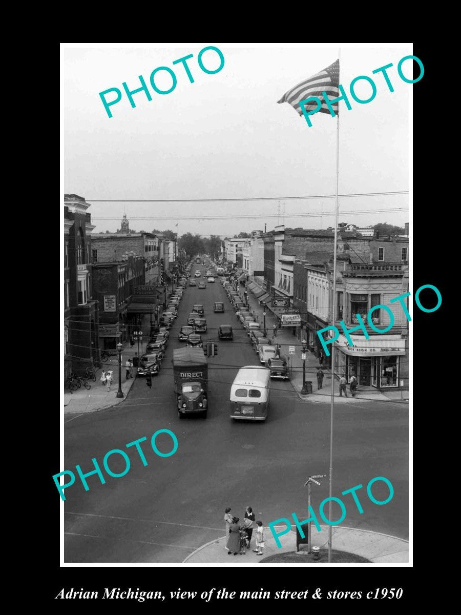 OLD LARGE HISTORIC PHOTO OF ADRIAN MICHIGAN, VIEW OF THE MAIN St & STORES c1950