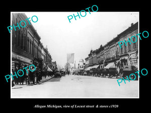 OLD LARGE HISTORIC PHOTO OF ALLEGAN MICHIGAN, VIEW OF LOCUST St & STORES c1920