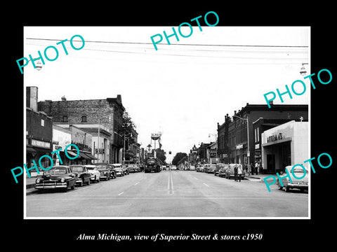 OLD LARGE HISTORIC PHOTO OF ALMA MICHIGAN, VIEW OF SUPERIOR ST & STORES c1950