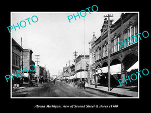 OLD LARGE HISTORIC PHOTO OF ALPENA MICHIGAN, VIEW OF SECOND ST & STORES c1900