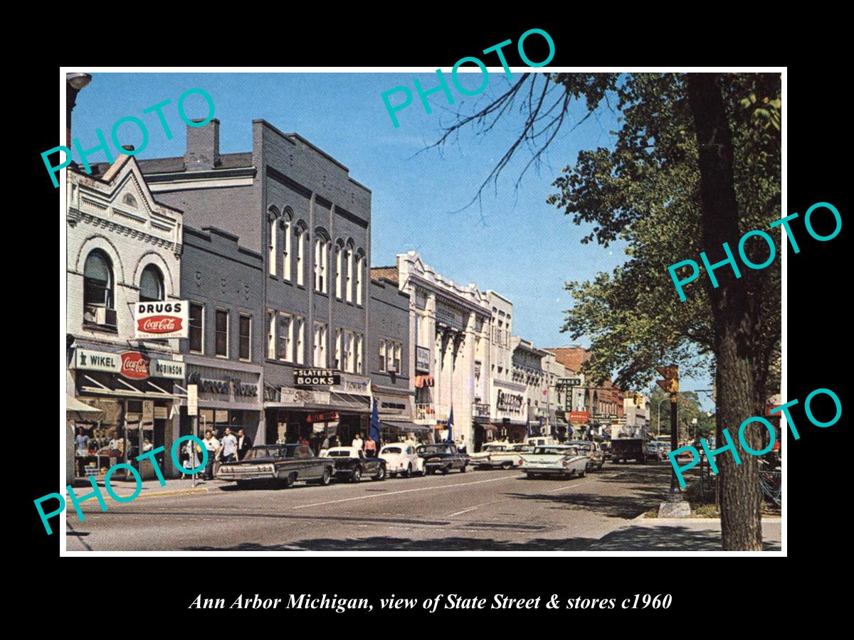 OLD LARGE HISTORIC PHOTO OF ANN ARBOR MICHIGAN, VIEW OF STATE St & STORES c1960