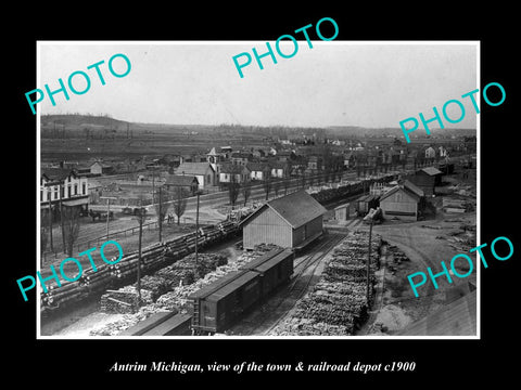 OLD LARGE HISTORIC PHOTO OF ANTRIM MICHIGAN, VIEW OF TOWN & RAILROAD DEPOT c1900