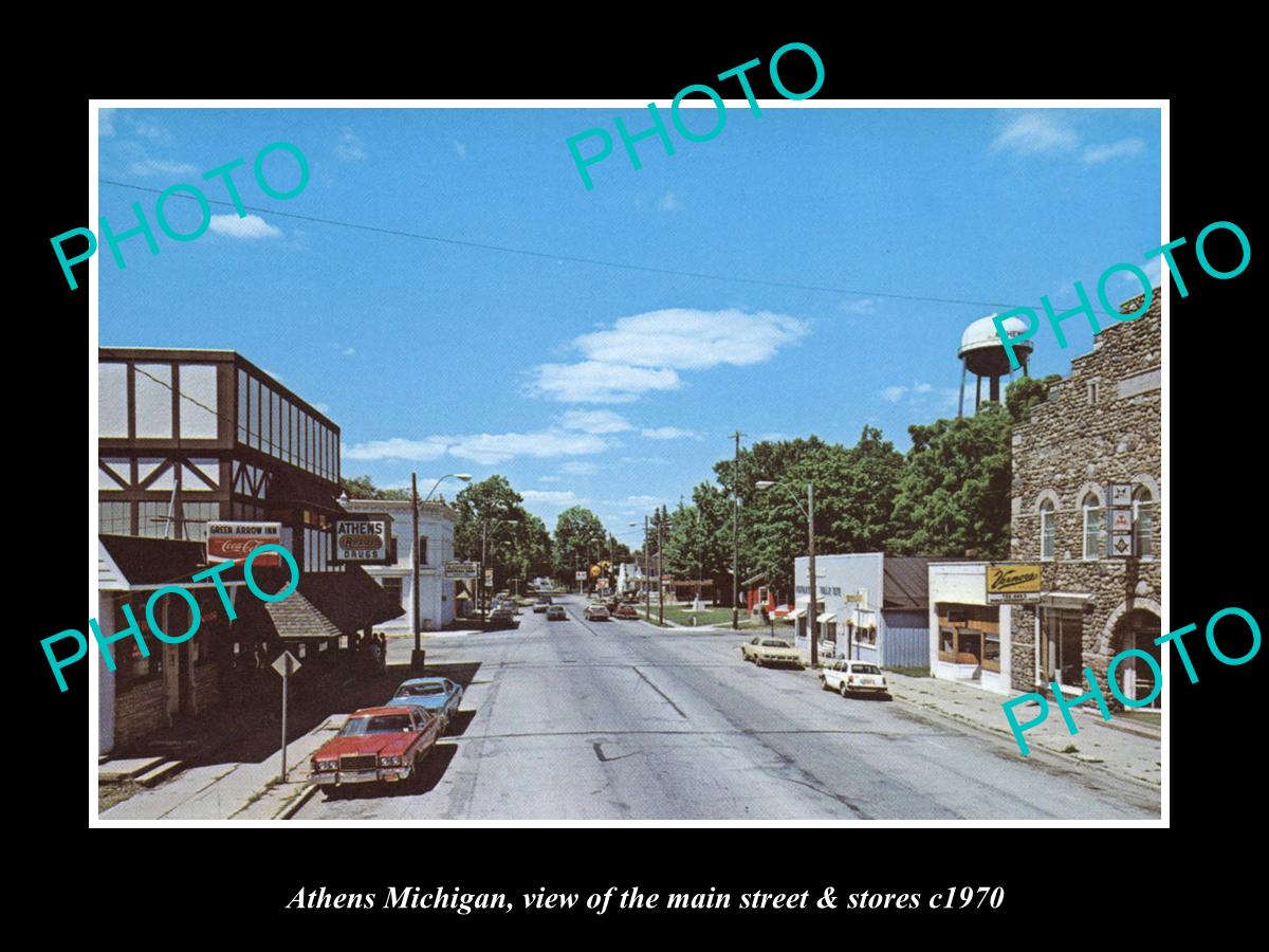 OLD LARGE HISTORIC PHOTO OF ATHENS MICHIGAN, VIEW OF THE MAIN St & STORES c1970