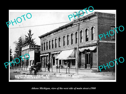 OLD LARGE HISTORIC PHOTO OF ATHENS MICHIGAN, VIEW OF MAIN St & NEWSPAPER c1900