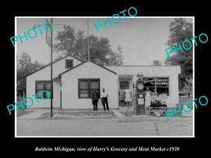 OLD LARGE HISTORIC PHOTO OF BALDWIN MICHIGAN, VIEW OF HARRYS MEAT MARKET c1920