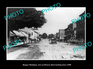 OLD LARGE HISTORIC PHOTO OF BANGOR MICHIGAN, VIEW OF MONROE St & STORES c1900