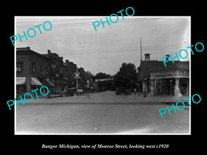 OLD LARGE HISTORIC PHOTO OF BANGOR MICHIGAN, VIEW OF MONROE St & STORES c1920