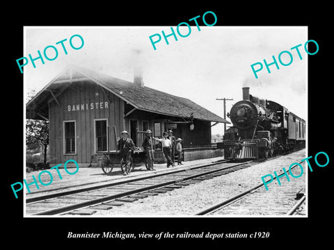 OLD LARGE HISTORIC PHOTO OF BANNISTER MICHIGAN, VIEW OF THE RAILROAD DEPOT c1920