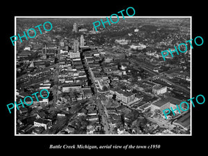 OLD LARGE HISTORIC PHOTO OF BATTLE CREEK MICHIGAN, AERIAL VIEW OF THE TOWN c1950