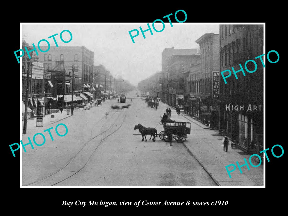 OLD LARGE HISTORIC PHOTO OF BAY CITY MICHIGAN, VIEW OF CENTER Ave & STORES c1910