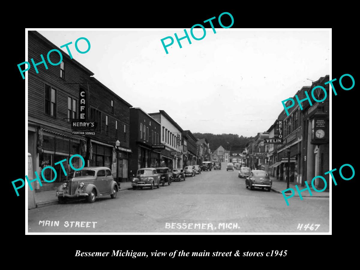 OLD LARGE HISTORIC PHOTO OF BESSEMER MICHIGAN, VIEW OF MAIN ST & STORES c1945