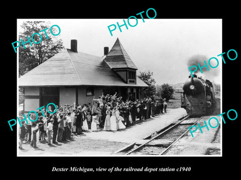 OLD LARGE HISTORIC PHOTO OF DEXTER MICHIGAN, VIEW OF THE RAILROAD DEPOT c1940