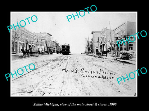 OLD LARGE HISTORIC PHOTO OF SALINE MICHIGAN, VIEW OF MAIN STREET & STORES c1900