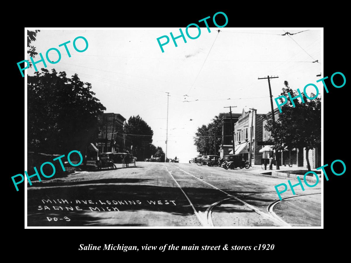 OLD LARGE HISTORIC PHOTO OF SALINE MICHIGAN, VIEW OF MAIN STREET & STORES c1920