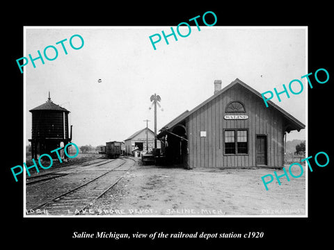 OLD LARGE HISTORIC PHOTO OF SALINE MICHIGAN, VIEW OF THE RAILROAD DEPOT c1920