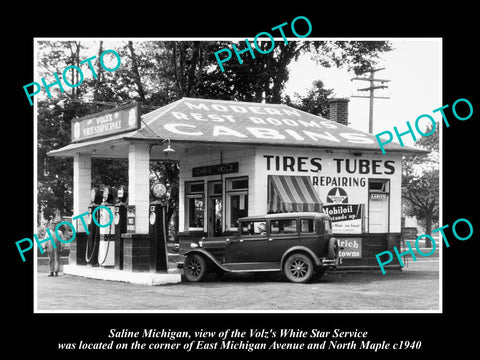 OLD LARGE HISTORIC PHOTO OF SALINE MICHIGAN, VOLZ WHITE STAR GAS STATION c1940