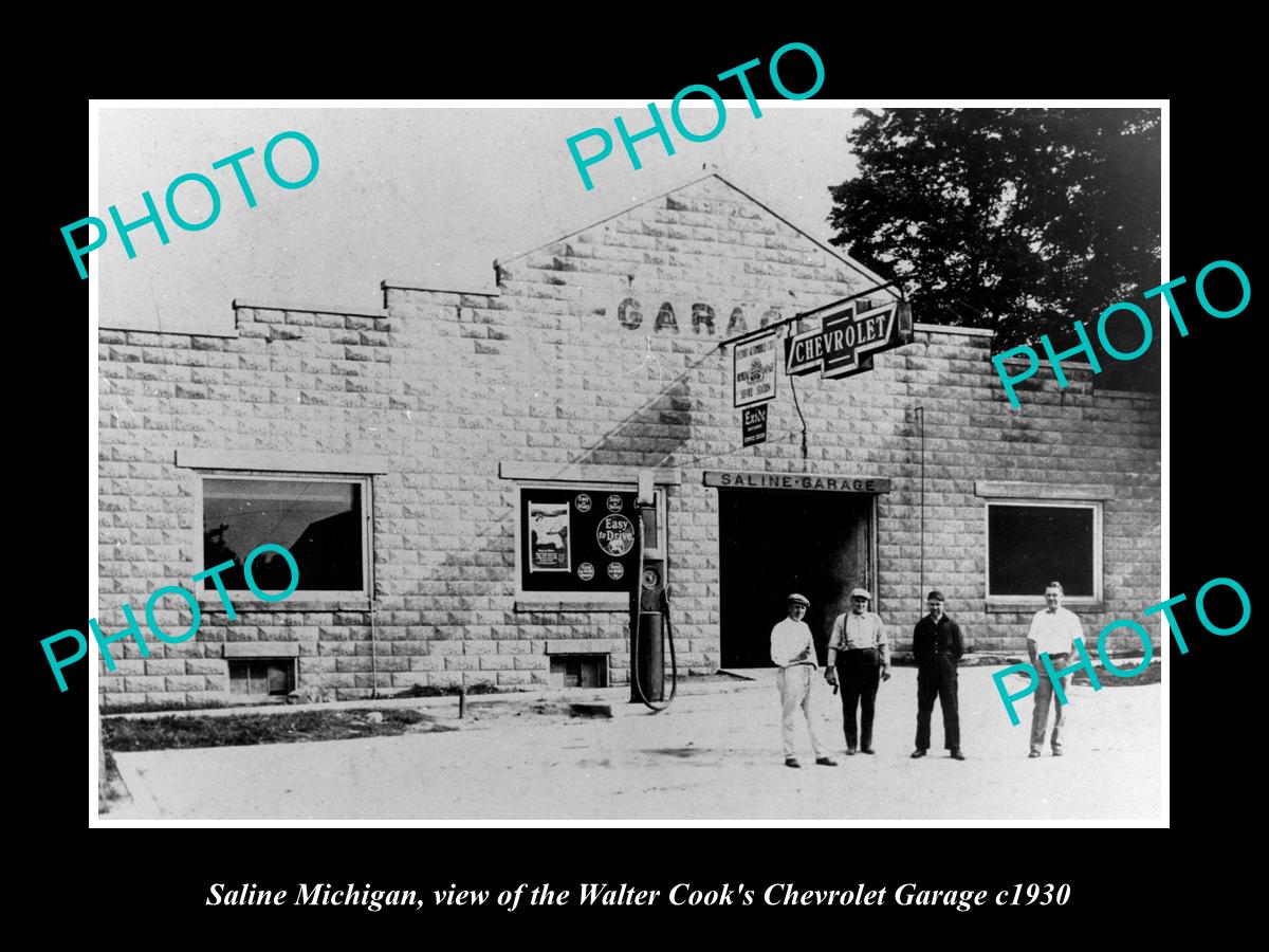 OLD LARGE HISTORIC PHOTO OF SALINE MICHIGAN, THE CHEVROLET MOTOR GARAGE c1930