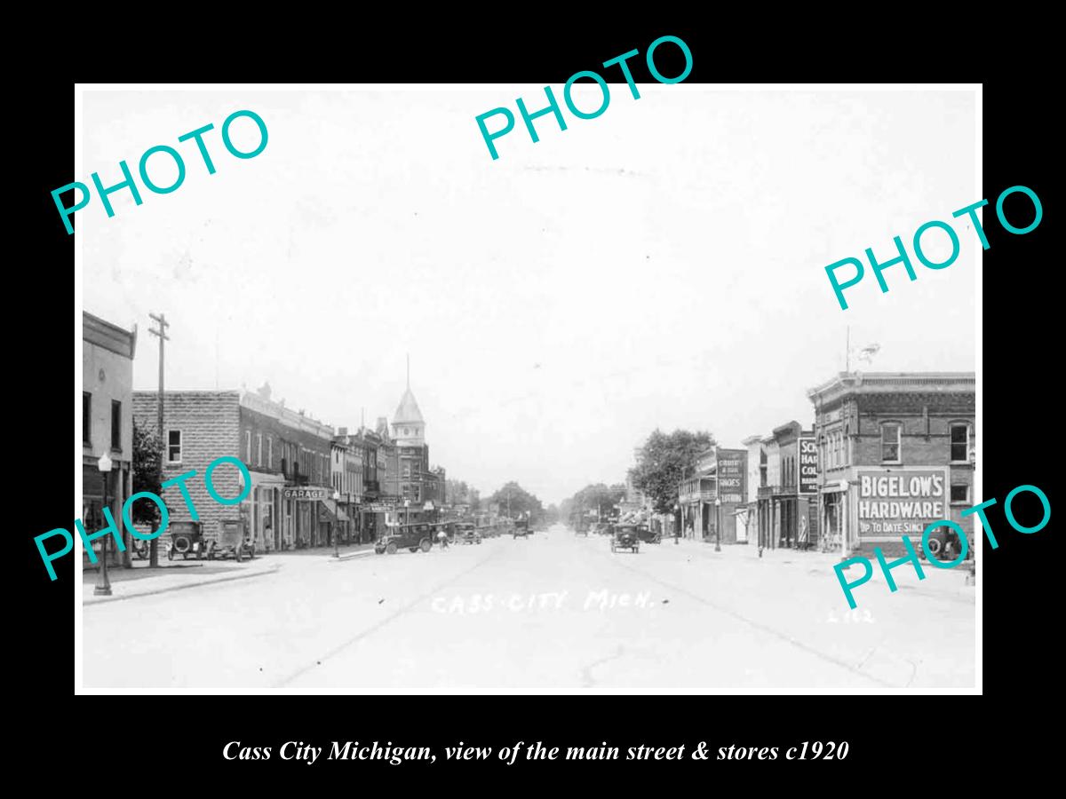 OLD LARGE HISTORIC PHOTO OF CASS CITY MICHIGAN, THE MAIN STREET & STORES c1920